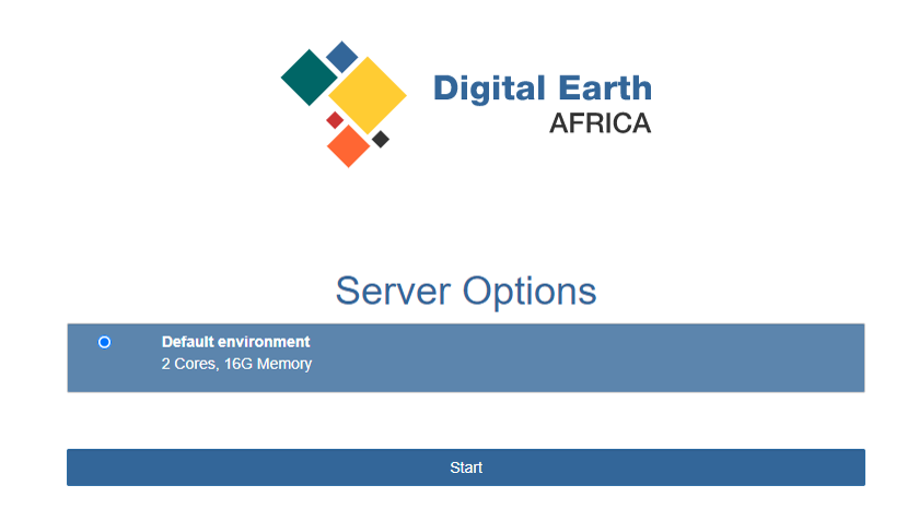The DE Africa Sandbox start server page.