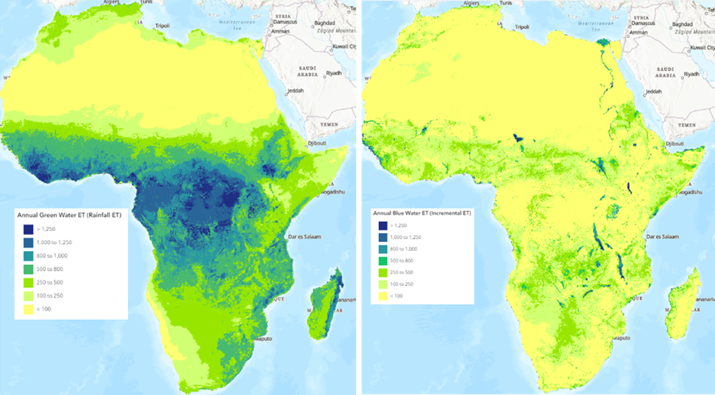 Mean annual Green ET and Blue ET for 2003 to 2021, computed from annual SSEBop ET.