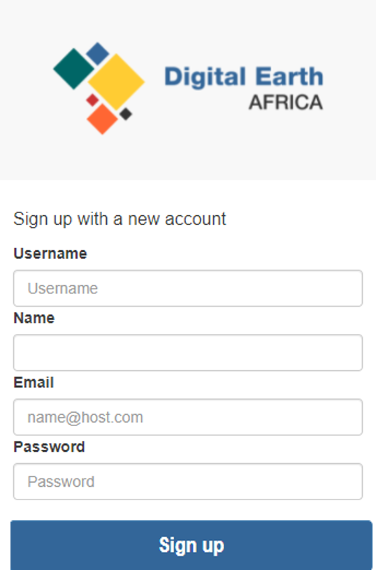 La page d'enregistrement des nouveaux utilisateurs de DE Africa Sandbox.
